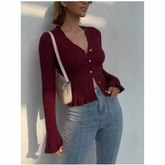 Commense Ruffled Trim Pearl Button Long Sleeve Cardigan - Fuchsia - Picture 3 of 3